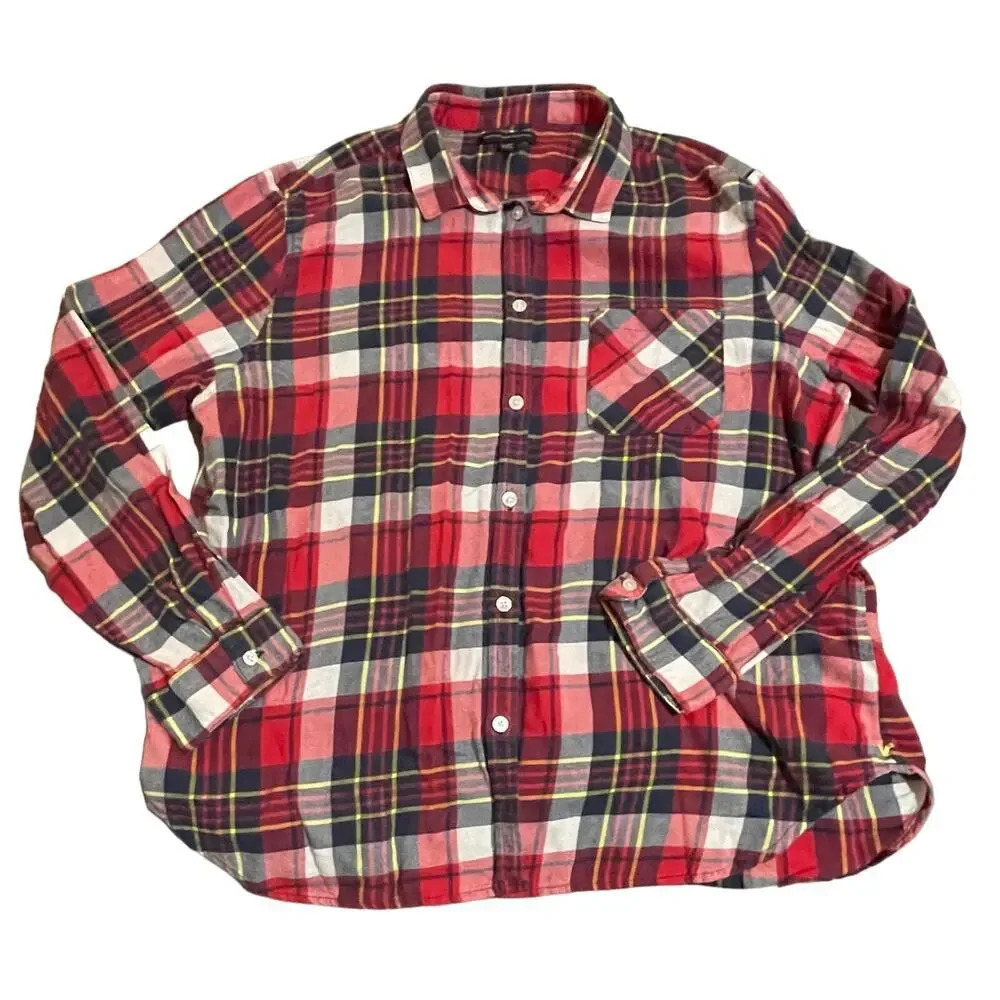 American Eagle‎ XL Plaid Long Sleeve Button Up Shirt Red Black Yellow White